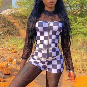Checkered zipper front romper